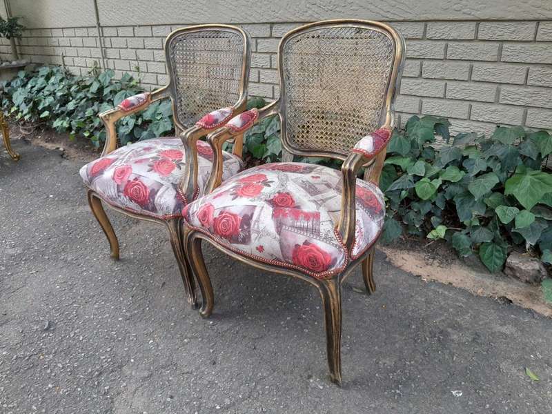 A Pair Of French Style Rattan And Carved Wooden Gilded Armchairs