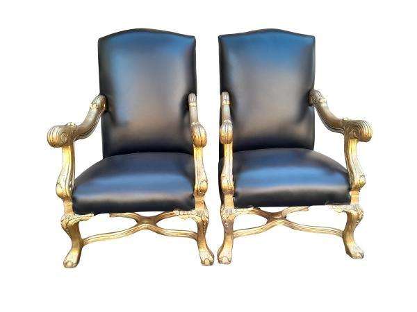 A Pair Of French Louis XIV Style Hand Gilded Armchairs Upholstered In Leather