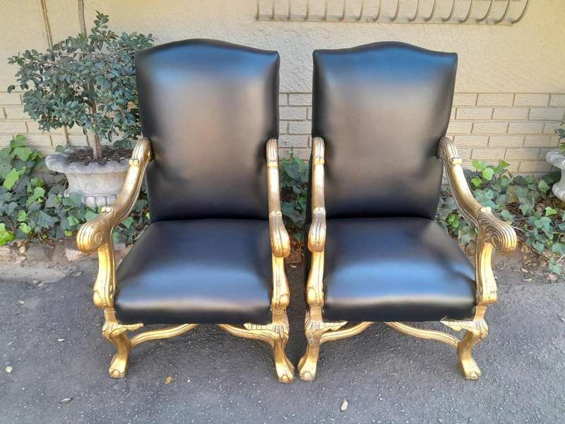 A Pair Of French Louis XIV Style Hand Gilded Armchairs Upholstered In Leather