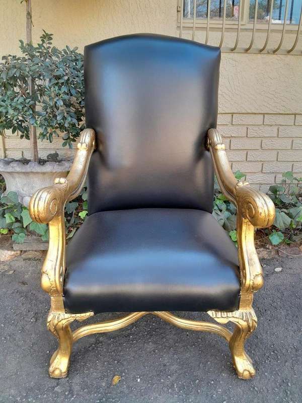 A Pair Of French Louis XIV Style Hand Gilded Armchairs Upholstered In Leather