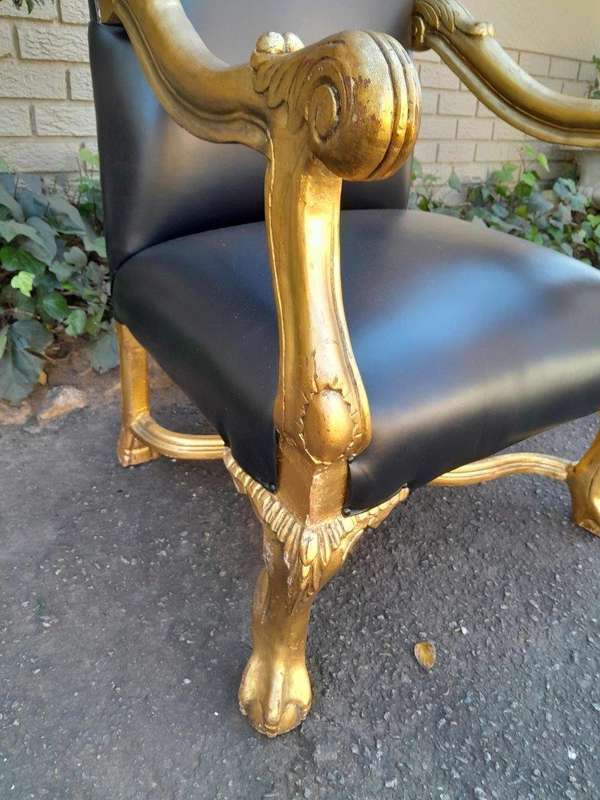 A Pair Of French Louis XIV Style Hand Gilded Armchairs Upholstered In Leather