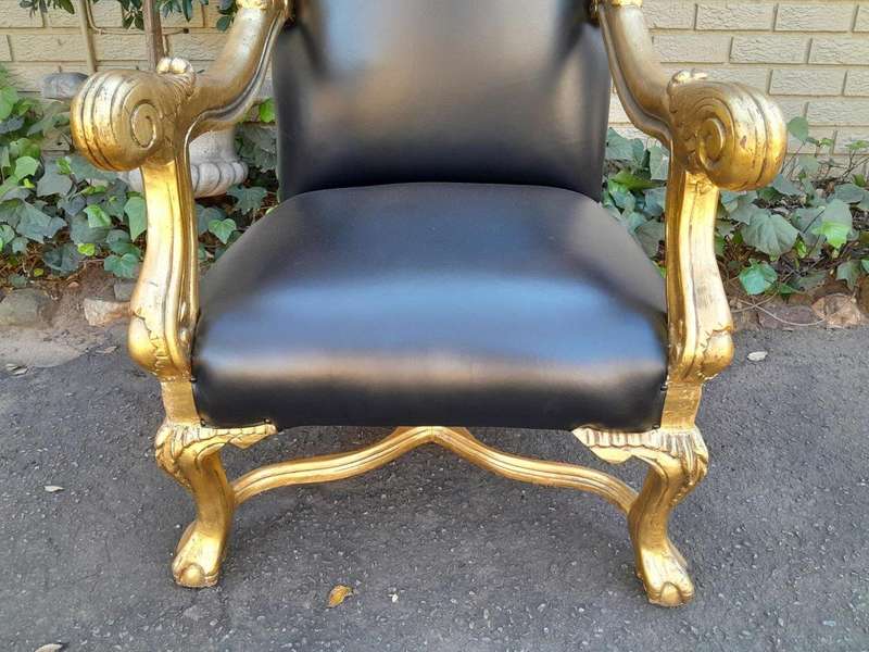 A Pair Of French Louis XIV Style Hand Gilded Armchairs Upholstered In Leather
