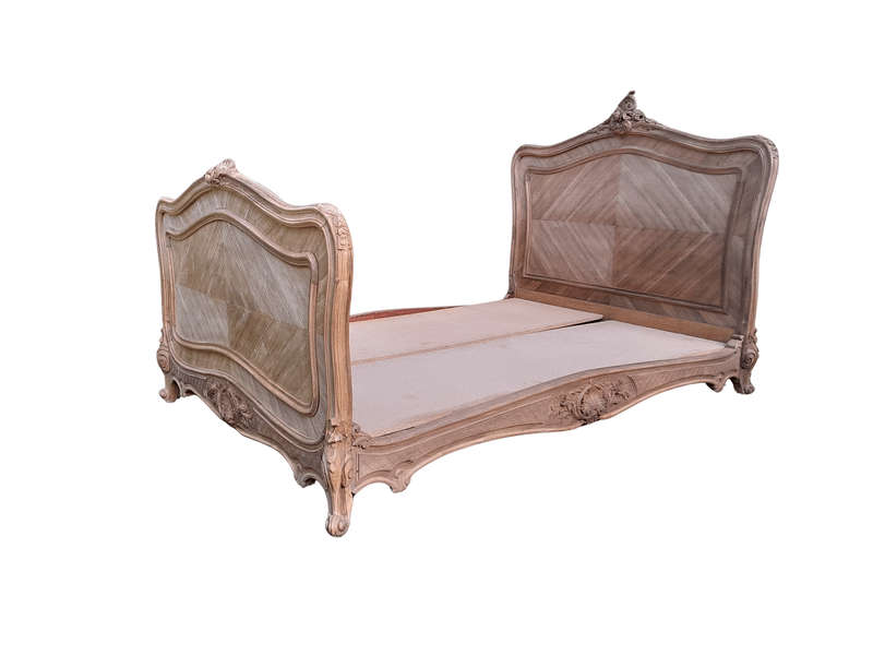 A 19th Century Circa 1880 Ornately Carved and Inlaid Marquetry Bed in a Contemporary Bleached Finish