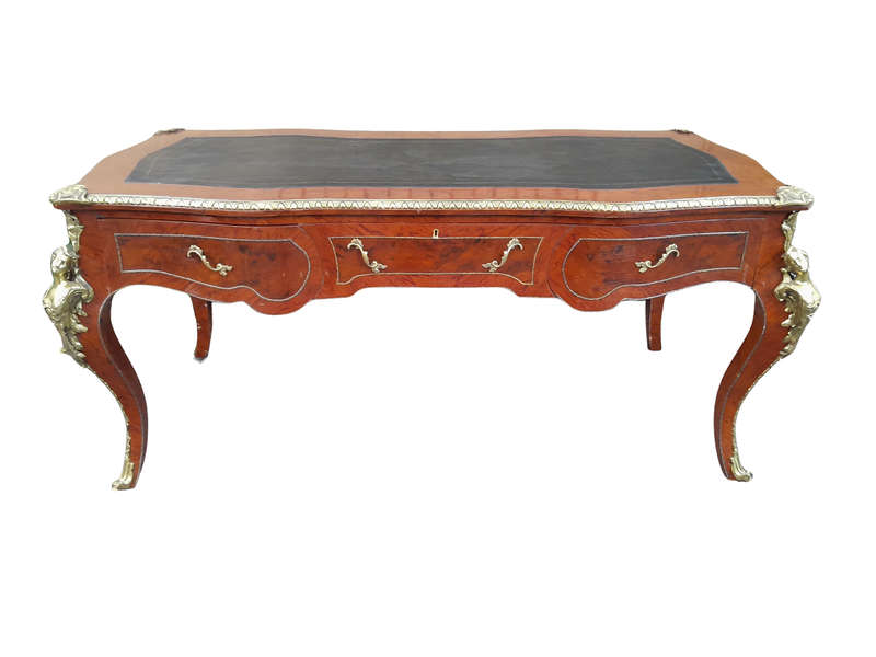 A 20th Century Circa 1990 French Bureau Plat Desk of Large Proportions With Brass Mounts and Blac...