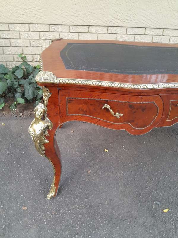 A 20th Century Circa 1990 French Bureau Plat Desk of Large Proportions With Brass Mounts and Blac...