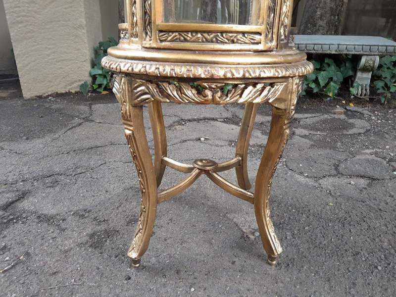 A French Style Pair of Gilded Cylindrical Display Cabinets / Vitrines with Marble Tops