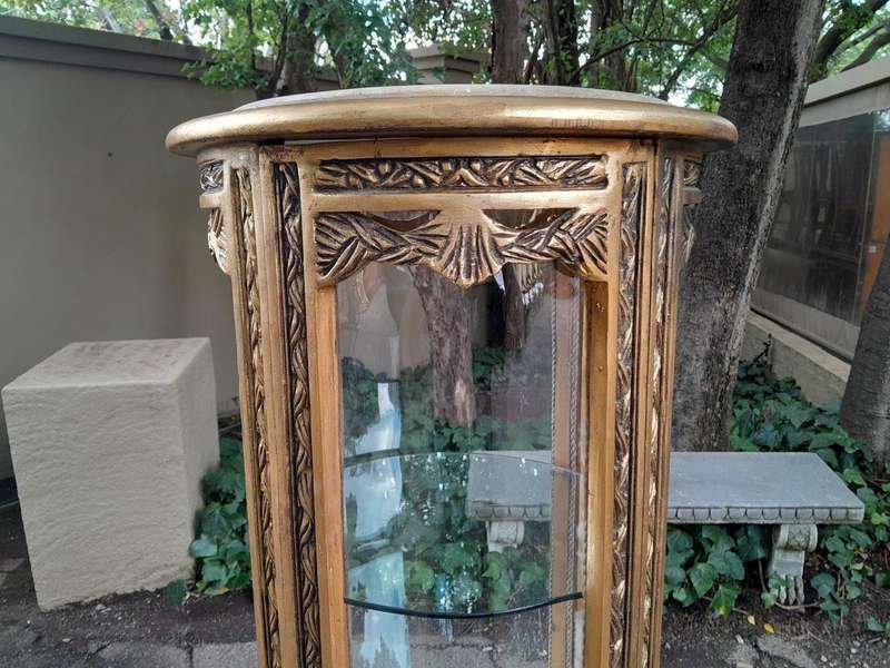 A French Style Pair of Gilded Cylindrical Display Cabinets / Vitrines with Marble Tops