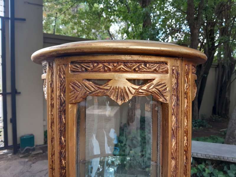 A French Style Pair of Gilded Cylindrical Display Cabinets / Vitrines with Marble Tops