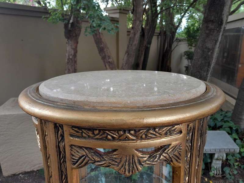 A French Style Pair of Gilded Cylindrical Display Cabinets / Vitrines with Marble Tops