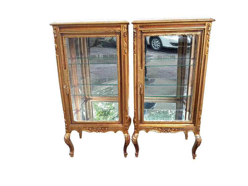 A French Style Pair of Gilded Display Cabinets / Vitrines with Marble Tops