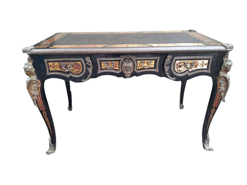 A French Style Louis XV Boulle Bureau Plat Writing Desk with Ormolu Mounts and Leather Top with G...