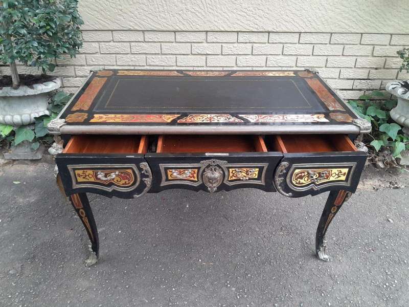 A French Style Louis XV Boulle Bureau Plat Writing Desk with Ormolu Mounts and Leather Top with G...