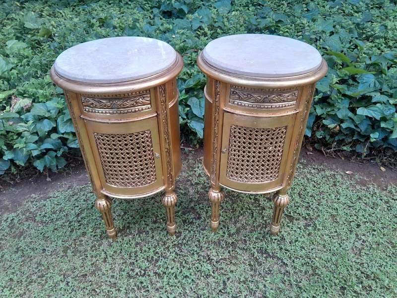 A Pair of French Style Ornately Carved Giltwood Pedestals / Side Tables with Marble Tops