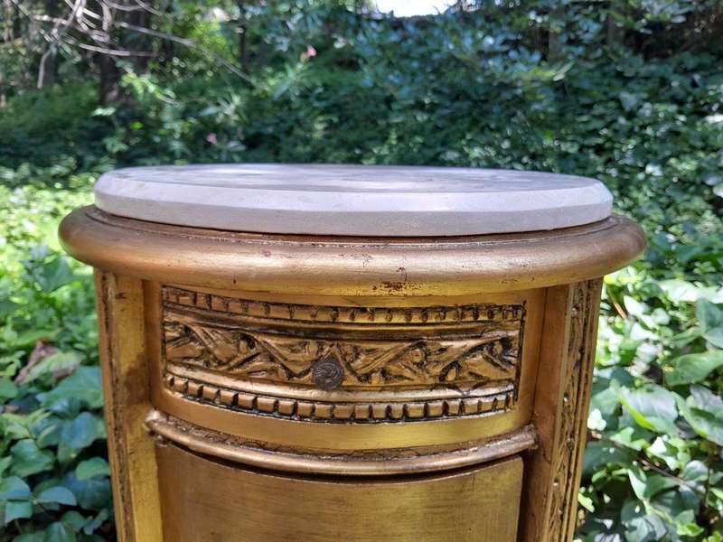 A Pair of French Style Ornately Carved Giltwood Pedestals / Side Tables with Marble Tops