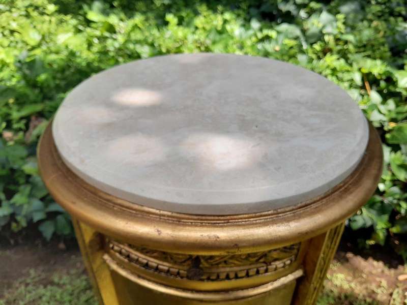 A Pair of French Style Ornately Carved Giltwood Pedestals / Side Tables with Marble Tops