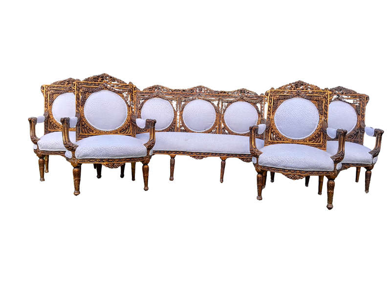 A 20th Century French Louis XVI Style Five Piece Set of Giltwood Settee and Four Armchairs