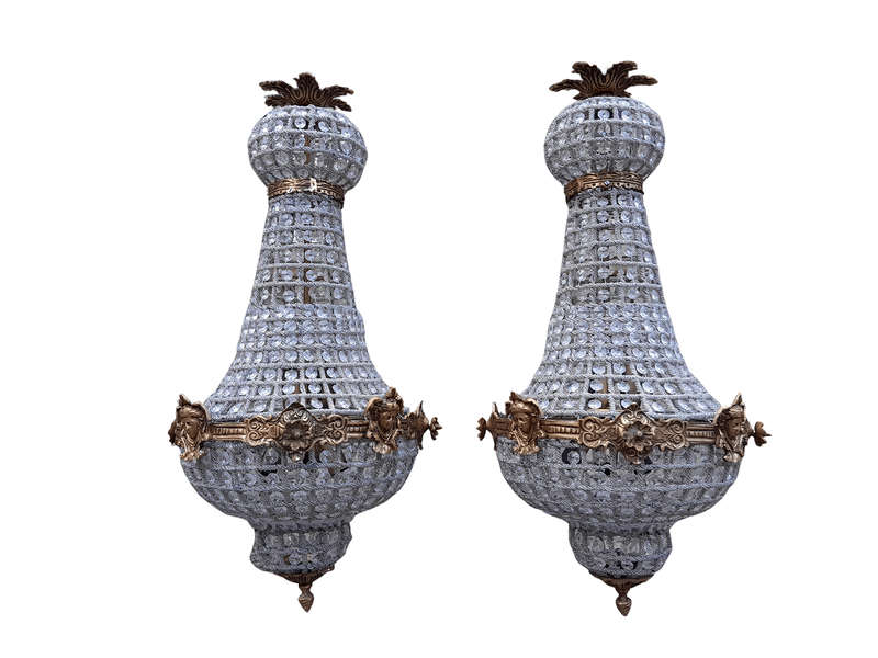 A French Style Pair of Brass Gilt Monumental Empire Chandeliers