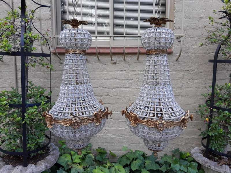 A French Style Pair of Brass Gilt Monumental Empire Chandeliers