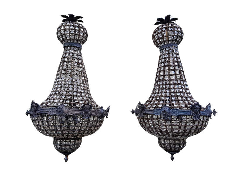 A French Style Pair of Gilt Aged Monumental Empire Chandeliers