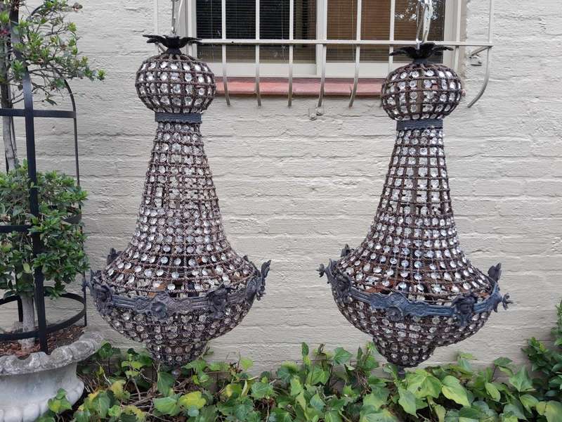 A French Style Pair of Gilt Aged Monumental Empire Chandeliers