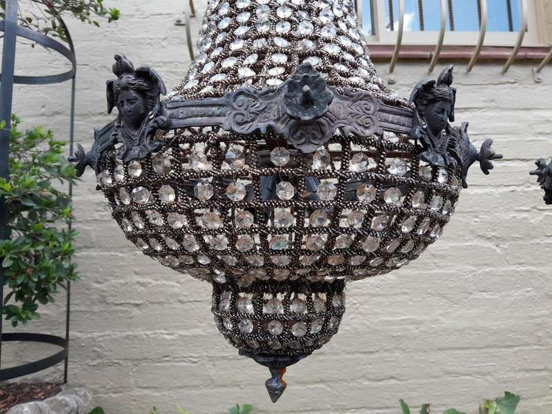 A French Style Pair of Gilt Aged Monumental Empire Chandeliers