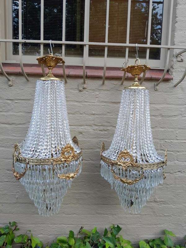 A Pair of French Style Ring Brass & Crystal Chandeliers