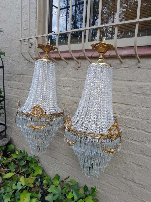 A Pair of French Style Ring Brass & Crystal Chandeliers