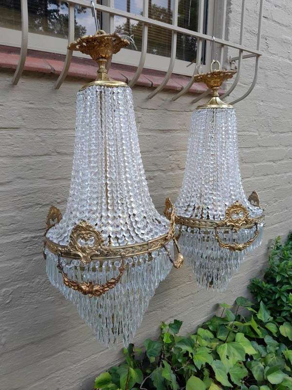 A Pair of French Style Ring Brass & Crystal Chandeliers