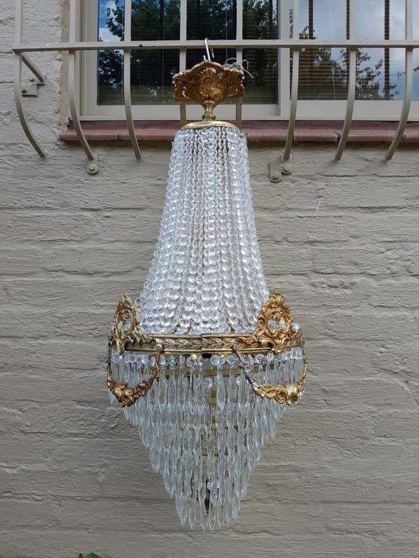 A Pair of French Style Ring Brass & Crystal Chandeliers