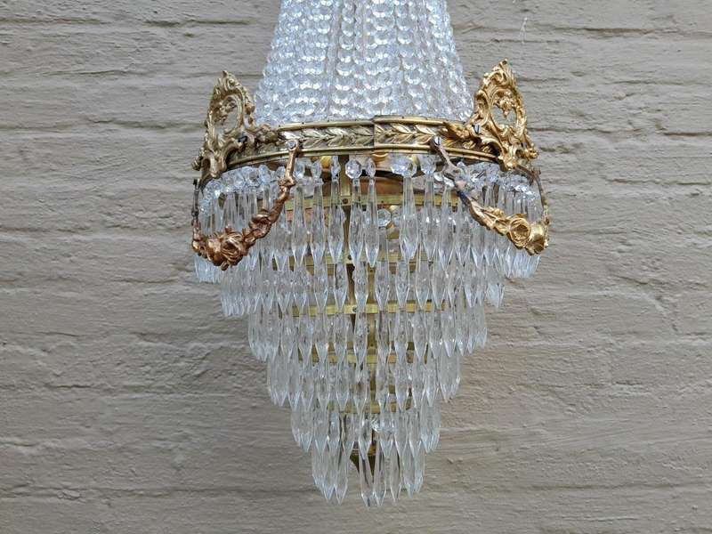 A Pair of French Style Ring Brass & Crystal Chandeliers