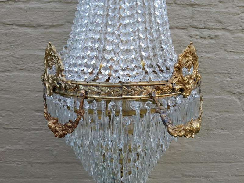 A Pair of French Style Ring Brass & Crystal Chandeliers