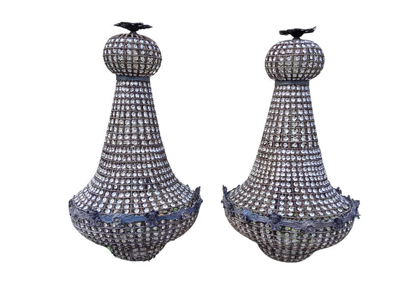 A French Style Pair of Large Gilt & Aged Monumental Empire Style Chandeliers