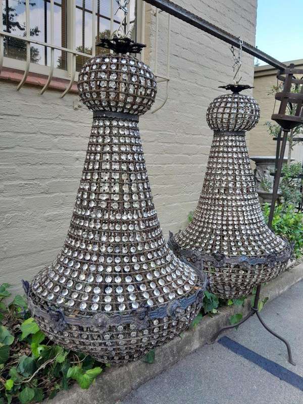 A French Style Pair of Large Gilt & Aged Monumental Empire Style Chandeliers