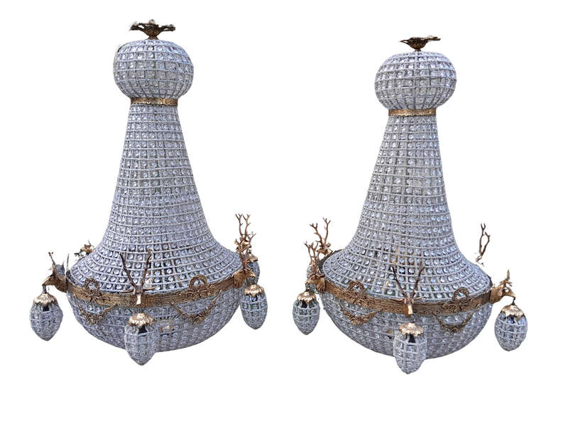 A Large Brass & Aged Pair of Monumental Empire French Style Chandeliers with Deer Head Figures