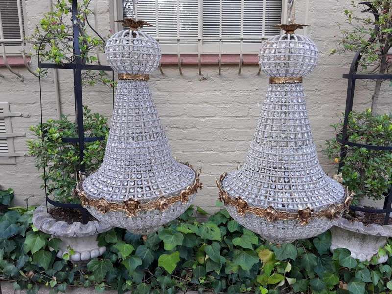 A French Style Pair of Brass Gilt & Aged Monumental Empire Style Chandeliers