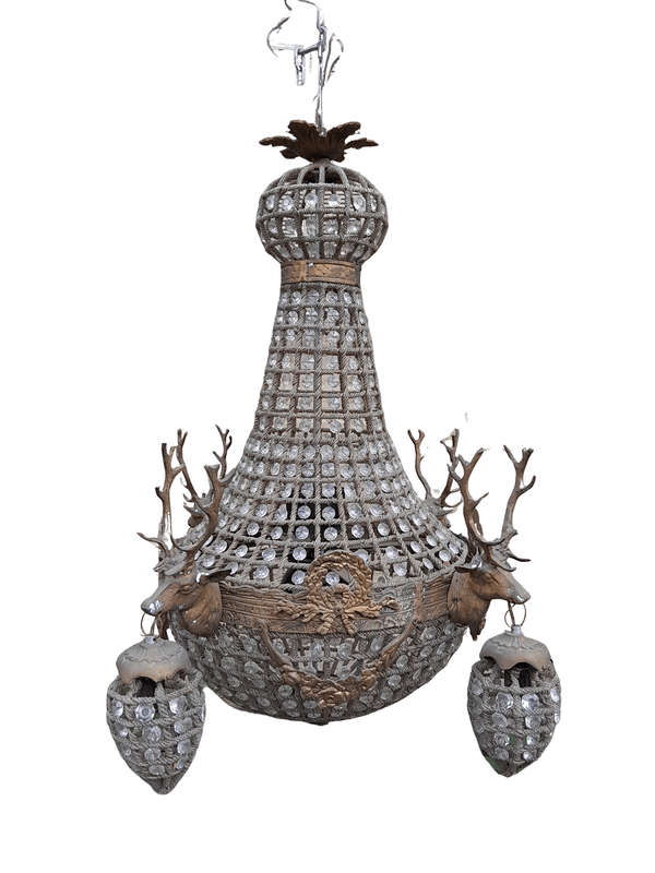A Brass Gilt & Aged Monumental Empire French Style Chandelier with Deer Head Figures