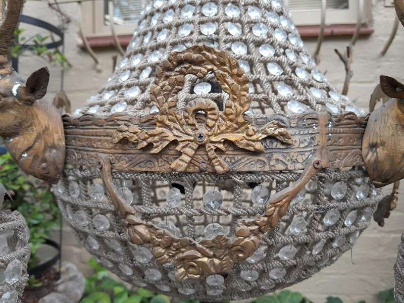 A Brass Gilt & Aged Monumental Empire French Style Chandelier with Deer Head Figures