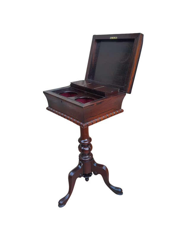 An Antique Georgian Rosewood Teapoy/Tea Caddy On Stand Fitted for Tea Mixing and Storage