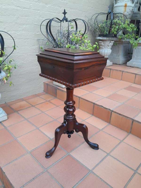 An Antique Georgian Rosewood Teapoy/Tea Caddy On Stand Fitted for Tea Mixing and Storage