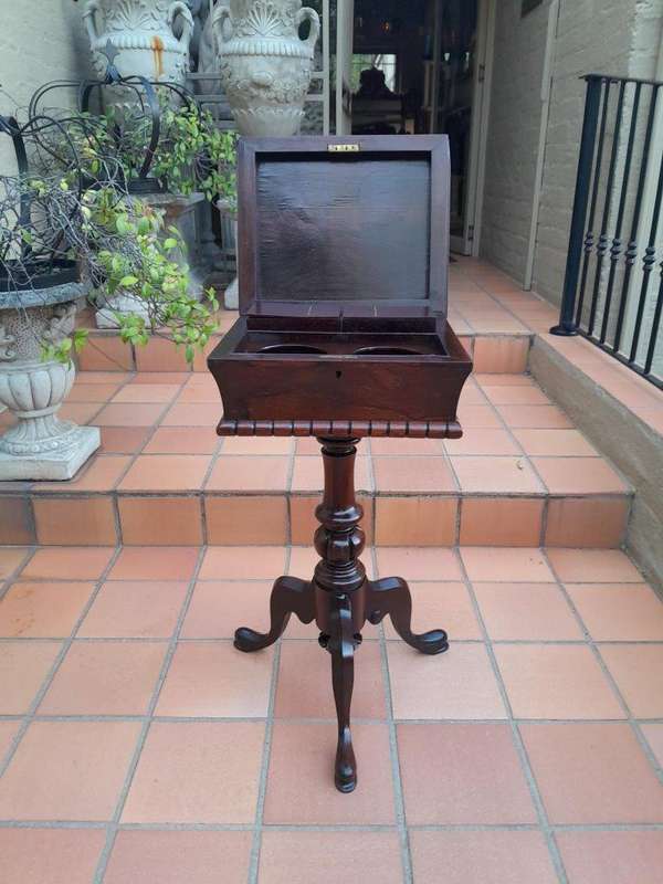 An Antique Georgian Rosewood Teapoy/Tea Caddy On Stand Fitted for Tea Mixing and Storage