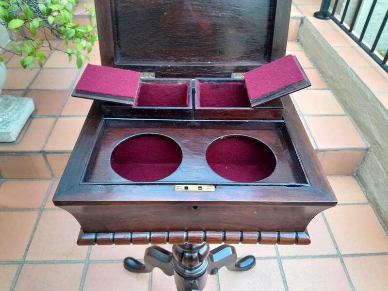 An Antique Georgian Rosewood Teapoy/Tea Caddy On Stand Fitted for Tea Mixing and Storage