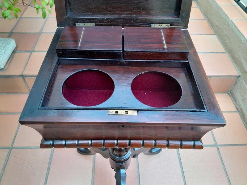 An Antique Georgian Rosewood Teapoy/Tea Caddy On Stand Fitted for Tea Mixing and Storage