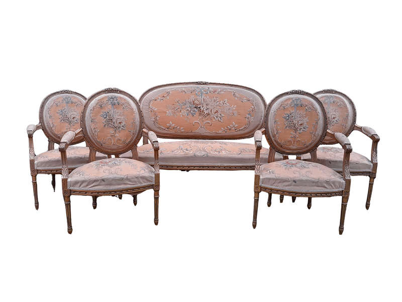 A 19th Century Antique French Giltwood Set Comprising a Settee and Four Medallion Armchairs uphol...