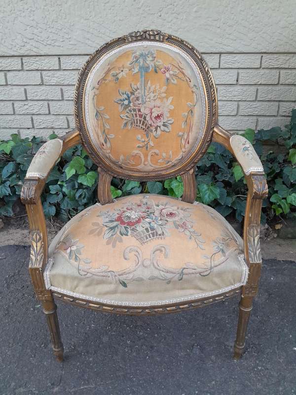 A 19th Century Antique French Giltwood Set Comprising a Settee and Four Medallion Armchairs uphol...