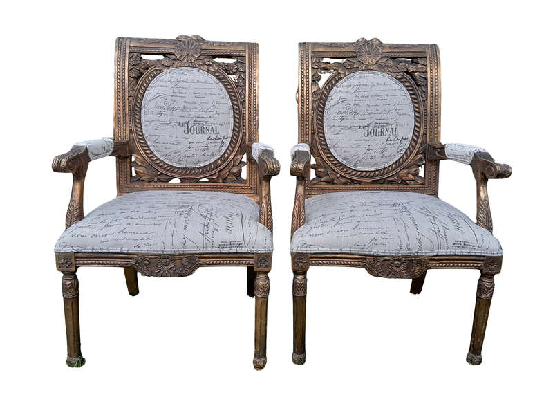 A 20TH Century French Style Pair of Ornately Carved and Gilded Armchairs Upholstered in a Custom-...