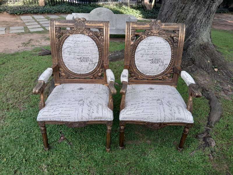 A 20TH Century French Style Pair of Ornately Carved and Gilded Armchairs Upholstered in a Custom-...