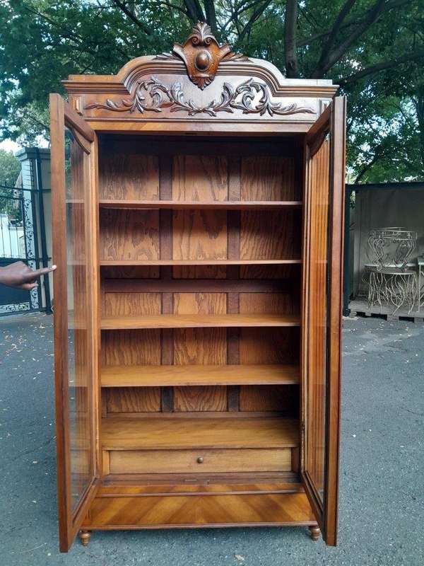 A 19th Century French Rococo Style Bookcase with Bevelled Glass, Shelves and Two Drawers