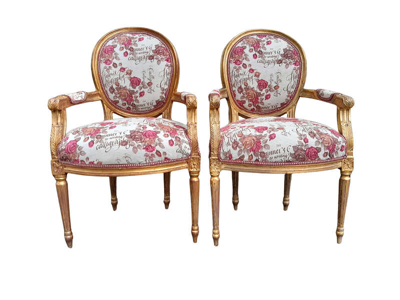A French  Louis XVl Style Pair of Carved and Gold  Armchairs