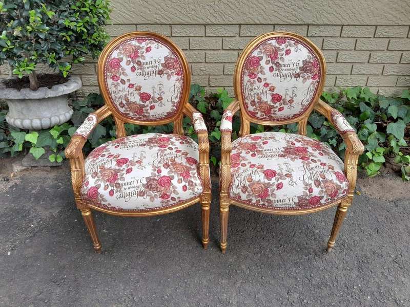 A French  Louis XVl Style Pair of Carved and Gold  Armchairs