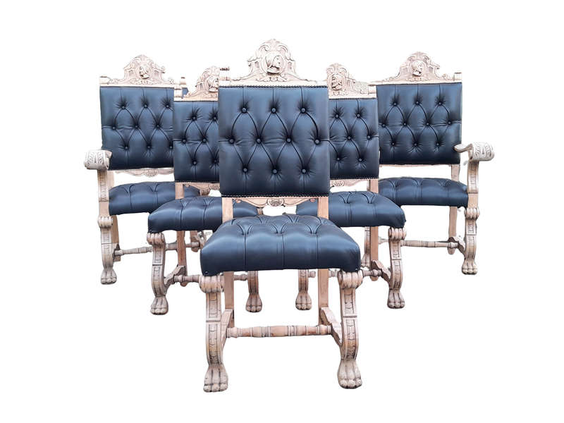 A 19th Century Spanish Heavily Carved Wooden Set of Six Mahogany Chairs (Comprises a Pair of Carv...
